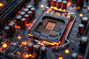 Realistic 3d rendering of a cryptocurrency mining motherboard and robotic cyber armor model