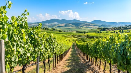 Naklejka premium A beautiful vineyard landscape showcasing rows of grapevines under a clear blue sky with rolling hills in the background.