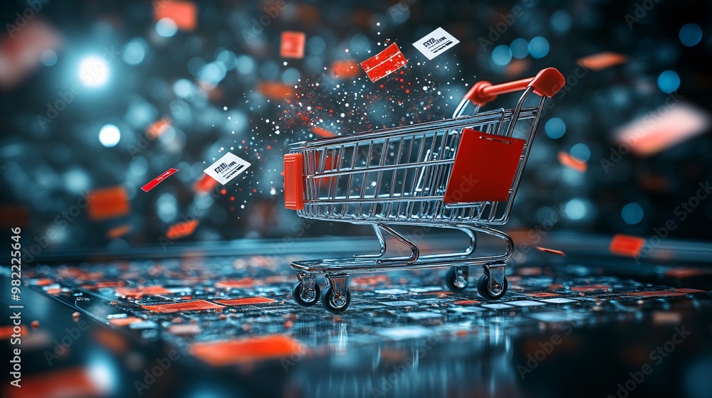 Poster vector art showing a shopping cart on a digital platform with discount tags flying around. the clean