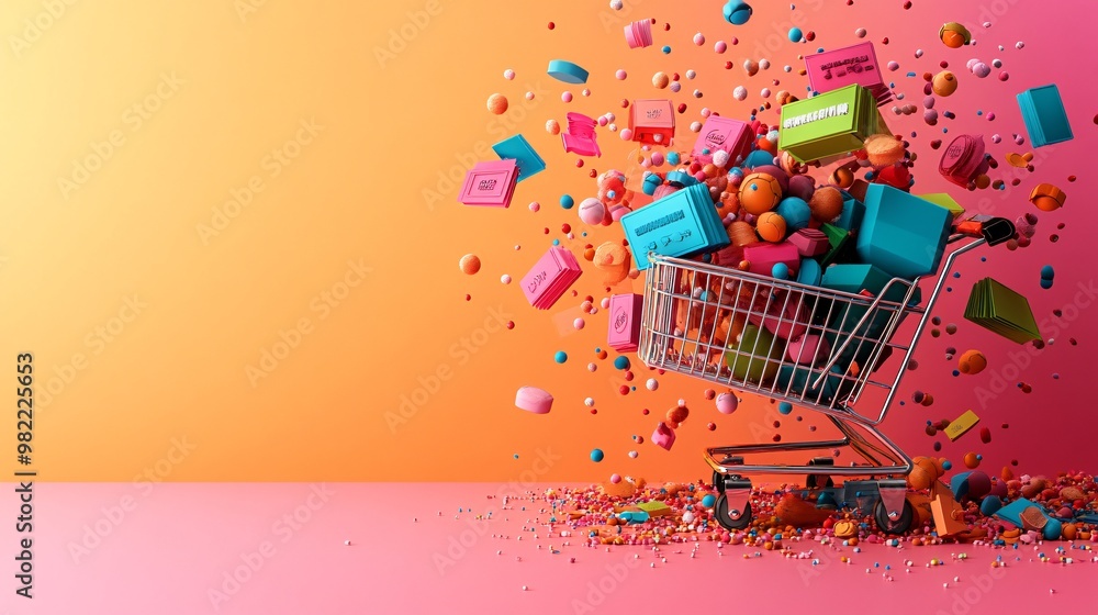 Poster vector art showing a shopping cart on a digital platform with discount tags flying around. the clean