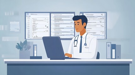 Doctor Working on Laptop in Office with Charts