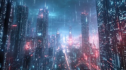 Fototapeta premium A digital landscape where binary code streams through a futuristic cityscape, with towering skyscrapers formed from glowing ones and zeros. The scene represents the integration of data into