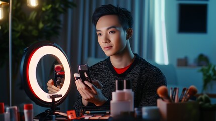 A young man applying makeup in a well-lit room with a vanity mirror and cosmetic products in the evening