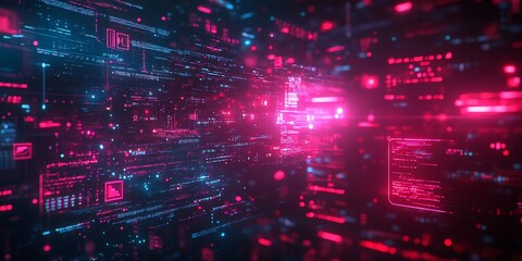 Obraz premium Abstract digital background with neon glow and glowing data in a futuristic style.