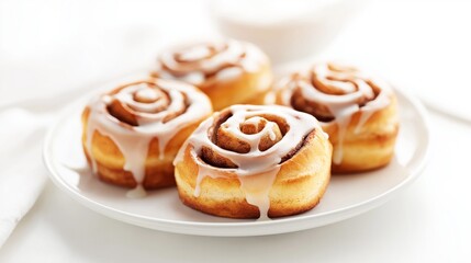 Freshly baked cinnamon rolls drizzled with icing on a white plate, perfect for breakfast or dessert.