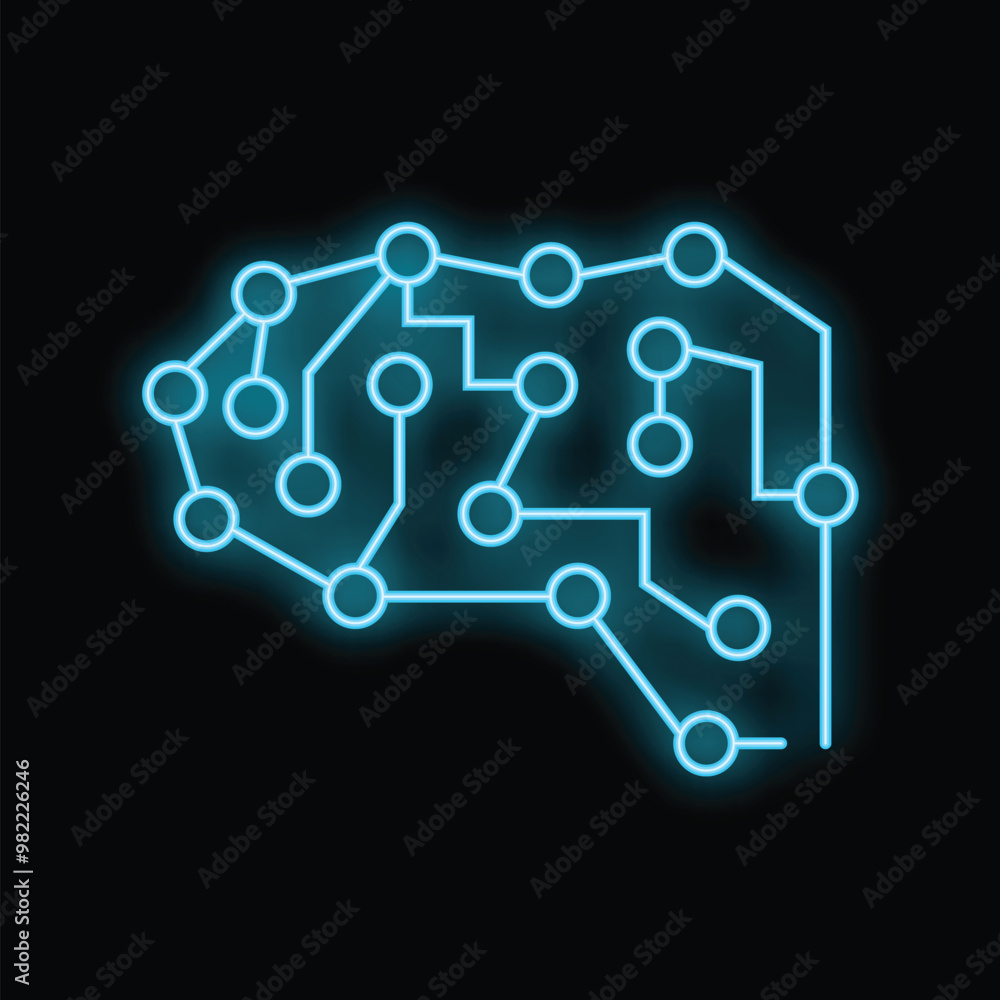Poster neon blue glowing brain with circuit board representing artificial intelligence and machine learning
