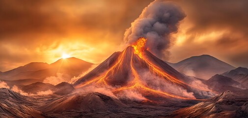Fototapeta premium A breathtaking view of a volcano erupting against a dramatic sunset, showcasing nature's raw power and beauty.