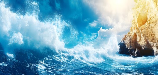 A breathtaking view of the ocean waves crashing against the rocky shore under a vibrant sky. A perfect scene for nature enthusiasts.