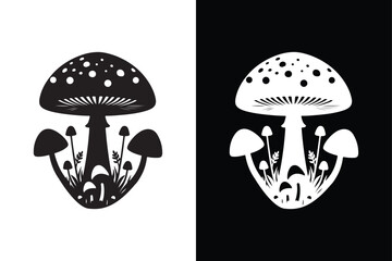 Black and White Beauty Mushroom Silhouette Icon.