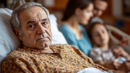 A middle-aged man lying in a hospital bed, recovering from surgery. His family is gathered around him, offering comfort and support while a nurse checks his vitals. Large space for text in center