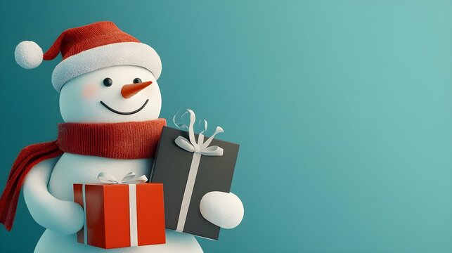 A cheerful snowman in a Santa hat holds colorful gifts, embodying the joyful spirit of the holiday season against a teal background.