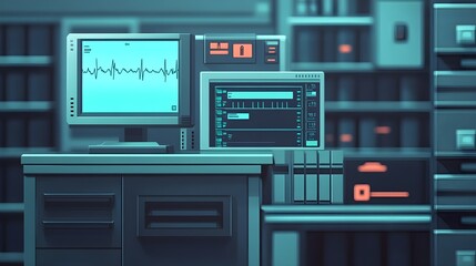 Obraz premium Futuristic Medical Monitors, Blue & Green Interface