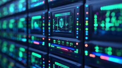 Obraz premium Futuristic Server Rack with Green and Blue Lights