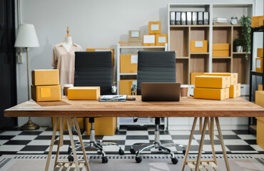 Work place concept : Mock up Blank screen computer desktop with keyboard in office or co-working background.