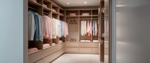 Modern closet interior showcasing organized clothing and accessories, promoting minimalistic and stylish home storage solutions.