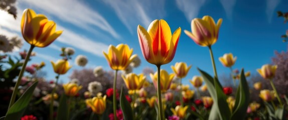 Obraz premium Vibrant tulips in bloom under a clear blue sky create a stunning spring landscape, perfect for promoting floral beauty and nature enjoyment.