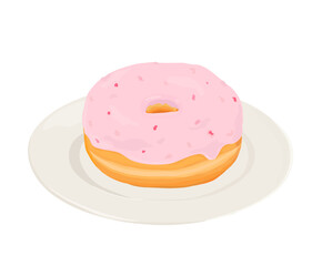 Strawberry glazed donut on a white plate. Hand drawn vector illustration.