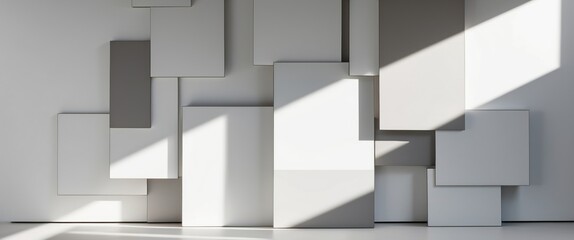Minimalist interior design featuring an abstract wall composition with varied shapes and soft shadows, creating a clean, elegant atmosphere.