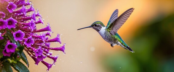 Fototapeta premium Hummingbird in mid-flight approaching vibrant flower, showcasing nature's beauty and pollination process in a colorful garden environment.