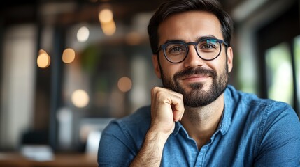 Naklejka premium A confident young man with glasses smiling in a cozy cafe, embodying positivity and approachability in a modern workplace setting.