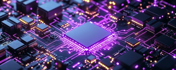 Obraz premium Close-up of a vibrant computer circuit board showcasing intricate details and luminous components in purple hues.