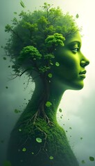A woman&rsquo;s profile melds with vibrant greenery, symbolizing harmony with nature