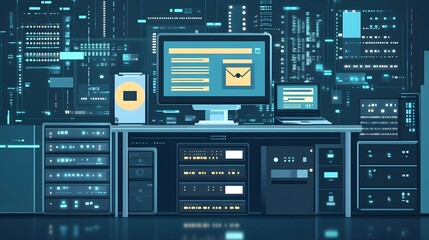 Fototapeta premium Futuristic Tech Server Room with Digital Interface