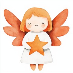 Christmas angel clipart, holding a star, watercolor illustration, pastel colors, isolated on white background