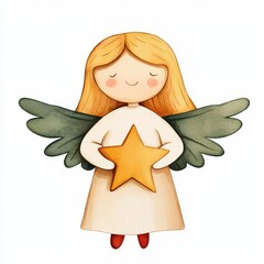 Christmas angel clipart, holding a star, watercolor illustration, pastel colors, isolated on white background
