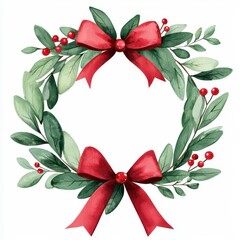 Fototapeta premium Christmas card clipart, with festive wreath and ribbon, watercolor illustration, bright tones, isolated on white background