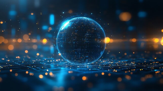 Abstract digital globe with blue and orange lights on a circuit board background.