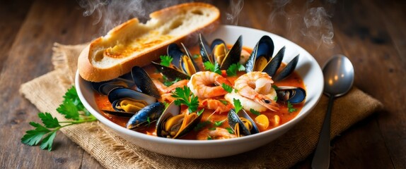 Delicious seafood soup featuring shrimp, mussels, aromatic broth, and fresh herbs, served with toasted bread in a warm, inviting atmosphere.