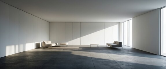 Minimalist interior space with modern furniture, showcasing ample natural light and a tranquil atmosphere perfect for relaxation and contemporary living.