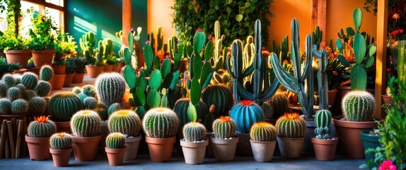 Bright indoor garden featuring various types of cacti and succulents in pots, showcasing vibrant colors and textures, ideal for horticultural enthusiasts.