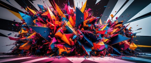Vibrant abstract artwork showcasing a dynamic explosion of geometric shapes and bold colors, emphasizing energy and creativity in modern design.