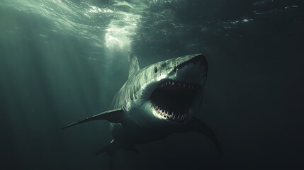 Shark with open mouth and dark sea, Generative AI