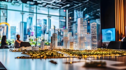 Fototapeta premium A detailed architectural model of a modern city skyline, showcasing skyscrapers and urban planning in a contemporary office setting.