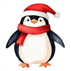 Christmas penguin clipart, wearing a scarf and hat, watercolor illustration, cool tones, isolated on white background