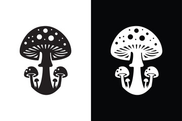 Black and White Beauty Mushroom Silhouette Icon.