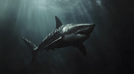 Naklejka premium Shark with open mouth and dark sea, Generative AI