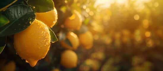 Lush lemon tree with ripe, dew-covered lemons glistening in the warm sunlight during the golden hour.