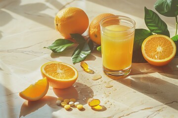 Naklejka premium Fresh Citrus Morning: A Sunlit Still Life with Orange Juice and Vitamins