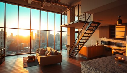 Fototapeta premium Modern Loft Apartment with City View at Sunset