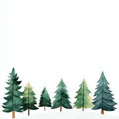 Obraz premium Christmas tree farm clipart, snowy trees in rows, watercolor illustration, serene colors, isolated on white background