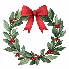 Christmas wreath clipart, with red bow and holly berries, watercolor illustration, festive colors, isolated on white background