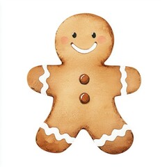 Gingerbread man clipart, smiling with icing decoration, watercolor illustration, brown and white, isolated on white background