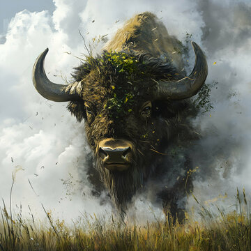 Majestic Bison Charging Through a Stormy Prairie - A powerful and dynamic depiction of a bison charging through a stormy prairie, surrounded by swirling clouds and grass.