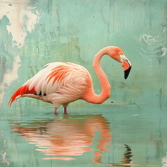 A serene image of a flamingo standing in calm water, its vibrant pink and orange feathers reflected on the surface. The soft pastel background adds a peaceful, dreamlike quality to the scene.