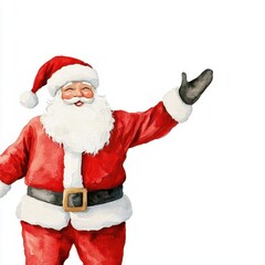 Naklejka premium Santa Claus clipart, jolly and waving, watercolor illustration, red and white, isolated on white background
