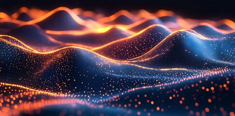 Abstract digital landscape with orange glowing lines and particles on a blue background.